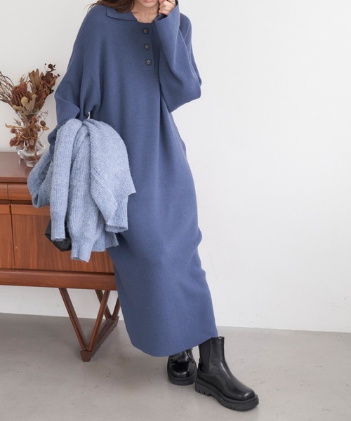 Chaco closet（チャコ クローゼット）の「ポロニットボリュームスリーブワンピース（ワンピース・レディース・ネイビー/グリーン/杢グレー/ワイン/ブラック・FREE）」の13枚目の写真