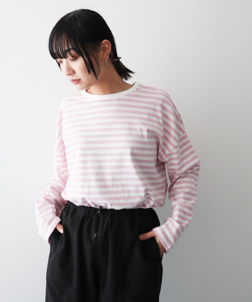 Green　Parks（グリーンパークス）の「コンパクトボーダーロンTEE（Tシャツ/カットソー・レディース・グレー/ピンク/ブルー/ブラック・FREE）」の4枚目の写真