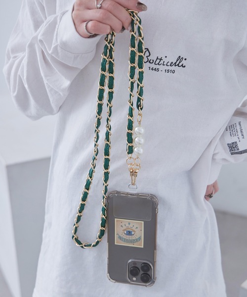 Fashion Letter(ファッションレター)の「パール&フェイクレザー スマホショルダー(スマホケース/カバー・レディース・グリーン/ピンク/ホワイト/ブラウン/ベージュ/パープル/ブルー/アイボリー/ブラック・FREE)」の7枚目の写真