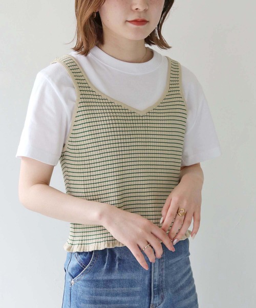 HER CLOSET(ハークローゼット)の「 【HER CLOSET】リブボーダーニットビスチェ RIB BORDER KNIT BUSTIER(ベスト・レディース・ブラック/ベージュ/オフホワイト・M)」の3枚目の写真