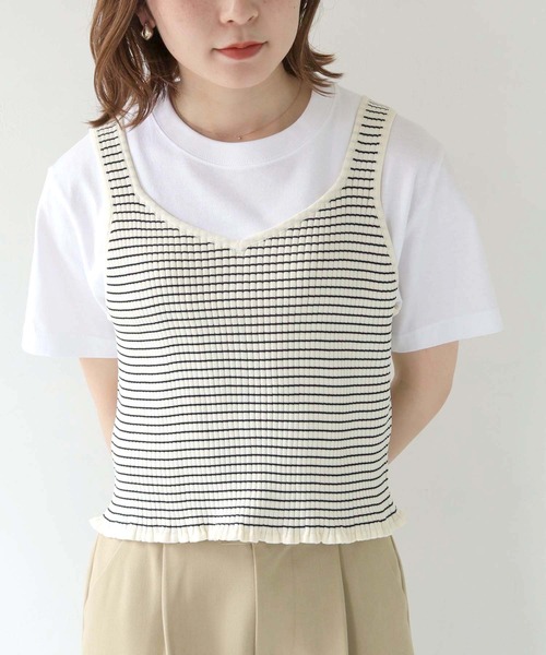 HER CLOSET(ハークローゼット)の「 【HER CLOSET】リブボーダーニットビスチェ RIB BORDER KNIT BUSTIER(ベスト・レディース・ブラック/ベージュ/オフホワイト・M)」の2枚目の写真