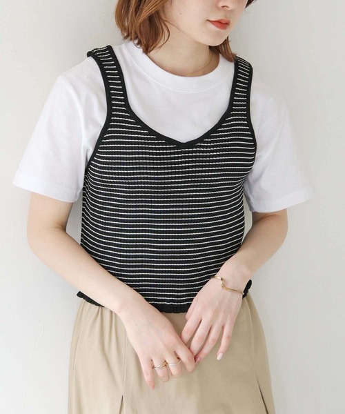 HER CLOSET(ハークローゼット)の「 【HER CLOSET】リブボーダーニットビスチェ RIB BORDER KNIT BUSTIER(ベスト・レディース・ブラック/ベージュ/オフホワイト・M)」の1枚目の写真