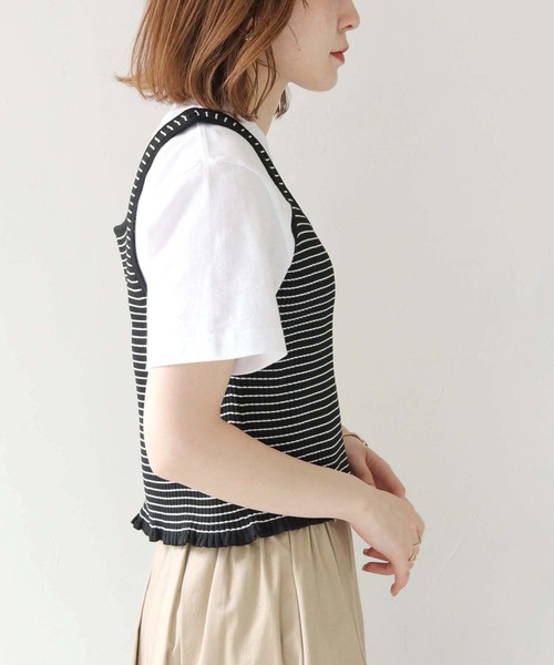 HER CLOSET(ハークローゼット)の「 【HER CLOSET】リブボーダーニットビスチェ RIB BORDER KNIT BUSTIER(ベスト・レディース・ブラック/ベージュ/オフホワイト・M)」の6枚目の写真