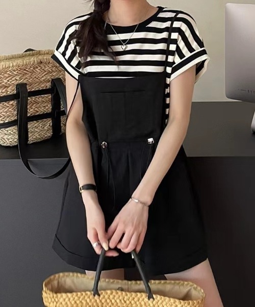 セール】綿100％、コットンツイルショートサロペット