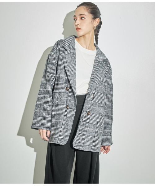 ANAP（アナップ）の「チェックミドル丈ジャケットコート【セットアップ対応】（テーラードジャケット・レディース・ベージュ/ブラック・FREE）」の5枚目の写真