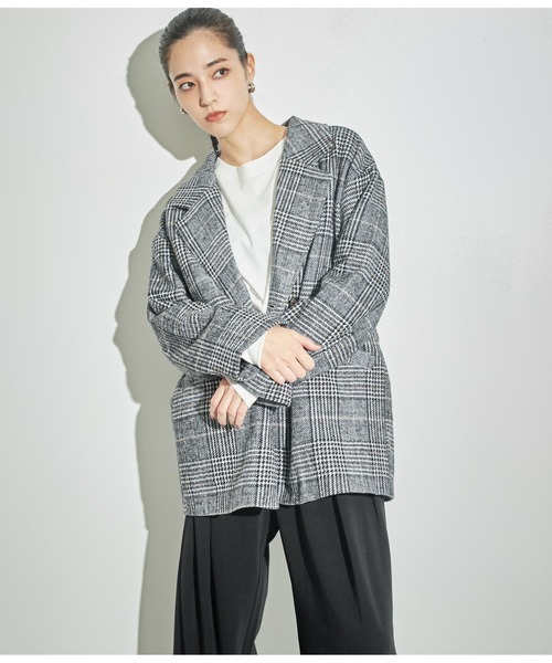 ANAP（アナップ）の「チェックミドル丈ジャケットコート【セットアップ対応】（テーラードジャケット・レディース・ベージュ/ブラック・FREE）」の6枚目の写真