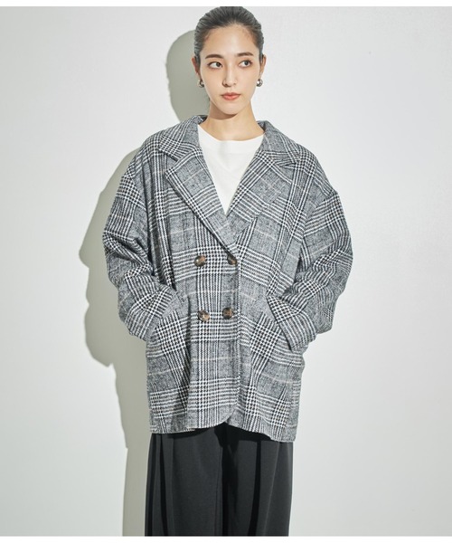 ANAP（アナップ）の「チェックミドル丈ジャケットコート【セットアップ対応】（テーラードジャケット・レディース・ベージュ/ブラック・FREE）」の3枚目の写真