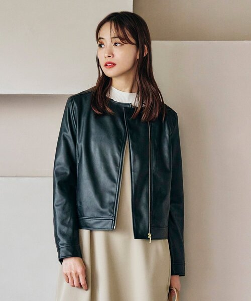 grove（グローブ）の「◆ミニマルなデザインで綺麗めに着こなせるライダースジャケット（ライダースジャケット・レディース・ブラック/ナチュラル・02/03/01/05/04）」の2枚目の写真