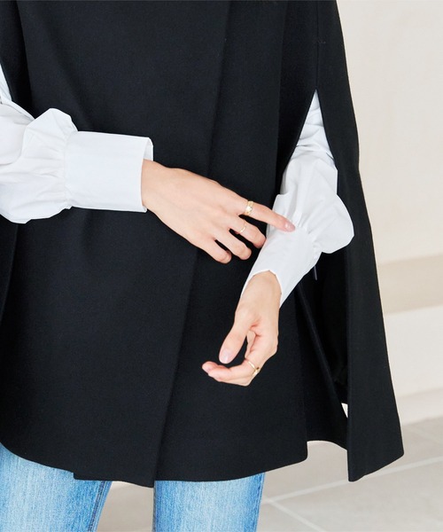 BLATE ウールケープコート ミックスベージュ フェイクウールスタンドカラーポンチョコート | BLATE