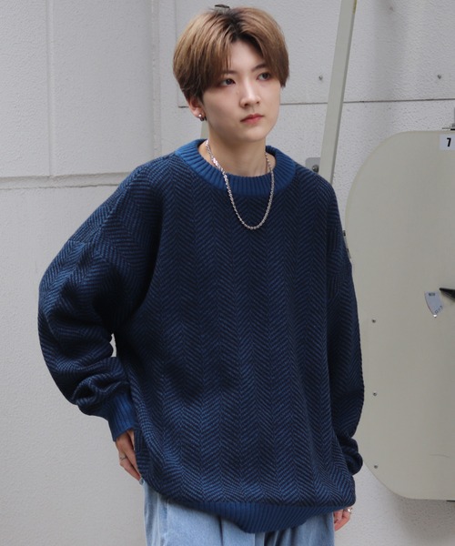 BRIONI ヘリンボーン ニット ジャケット ブルー BRIONI ヘリンボーン