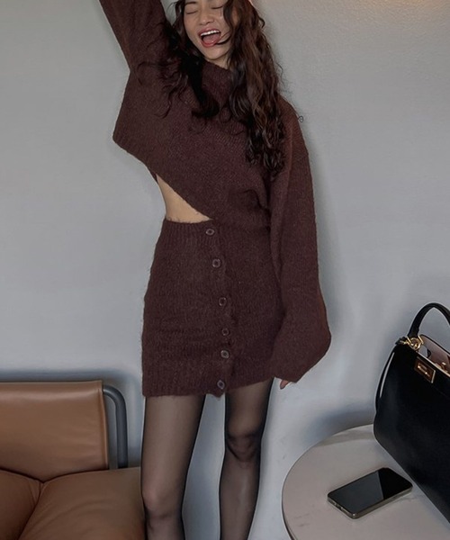 ニット セーター モヘアライクニットセットアップ/フロントボタンビスチェセットニット レディース モヘアライクニットセットアップ/フロントボタンビスチェセット