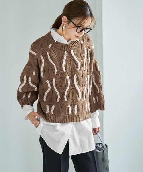 STYLE DELI(スタイルデリ)の「ゆる編みランダムケーブルニットトップス(ニット/セーター・レディース・グレー系その他/ブルーグレー/ブラウン系その他・FREE)」の3枚目の写真