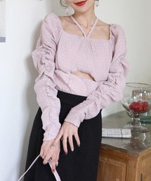 ドットドビーホルターネックカットアウトトップス