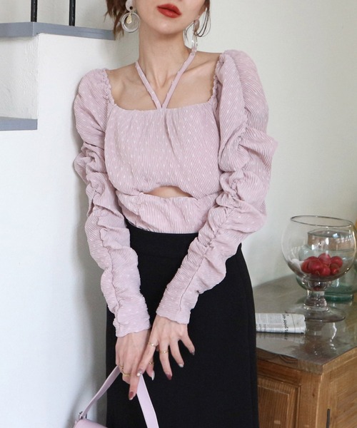 ROYAL PARTY（ロイヤルパーティー）の「ドットドビーホルターネックカットアウトトップス（シャツ/ブラウス・レディース・ピンク/オフホワイト/ブラック・FREE）」の7枚目の写真