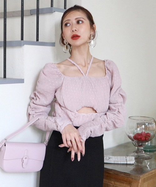 ROYAL PARTY（ロイヤルパーティー）の「ドットドビーホルターネックカットアウトトップス（シャツ/ブラウス・レディース・ピンク/オフホワイト/ブラック・FREE）」の8枚目の写真