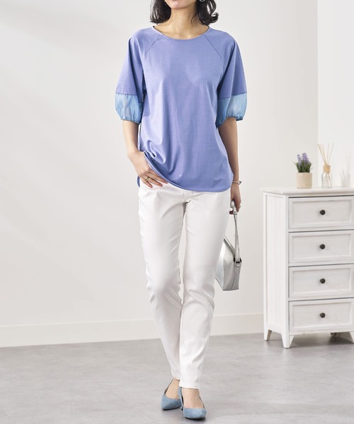 BELLUNA PLUS（ベルーナ）の「袖シアー切替デザインプルオーバー（Tシャツ/カットソー・レディース・オレンジ/ラベンダー/ベージュ系/ブラック・X-LARGE/LARGE/MEDIUM）」の15枚目の写真
