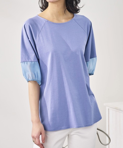 BELLUNA PLUS（ベルーナ）の「袖シアー切替デザインプルオーバー（Tシャツ/カットソー・レディース・オレンジ/ラベンダー/ベージュ系/ブラック・X-LARGE/LARGE/MEDIUM）」の14枚目の写真