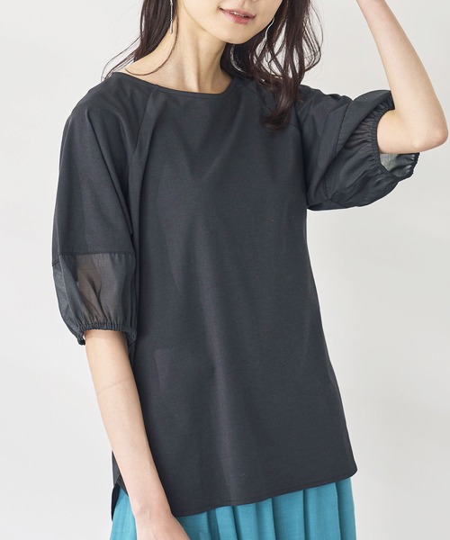 BELLUNA PLUS（ベルーナ）の「袖シアー切替デザインプルオーバー（Tシャツ/カットソー・レディース・オレンジ/ラベンダー/ベージュ系/ブラック・X-LARGE/LARGE/MEDIUM）」の9枚目の写真