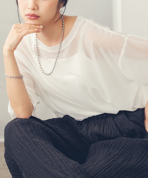 hunch(ハンチ)の「【WEB限定/別注】シアー 半袖Tシャツ(Tシャツ/カットソー・レディース・ブラック/ダークオリーブ/ホワイト・FREE)」の5枚目の写真