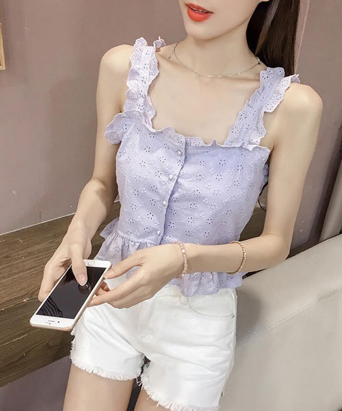 Mayree（メイリー）の「【Mayree】コットンフリルキャミ（Tシャツ/カットソー・レディース・パープル/ホワイト・SMALL/MEDIUM/LARGE/X-LARGE）」の9枚目の写真