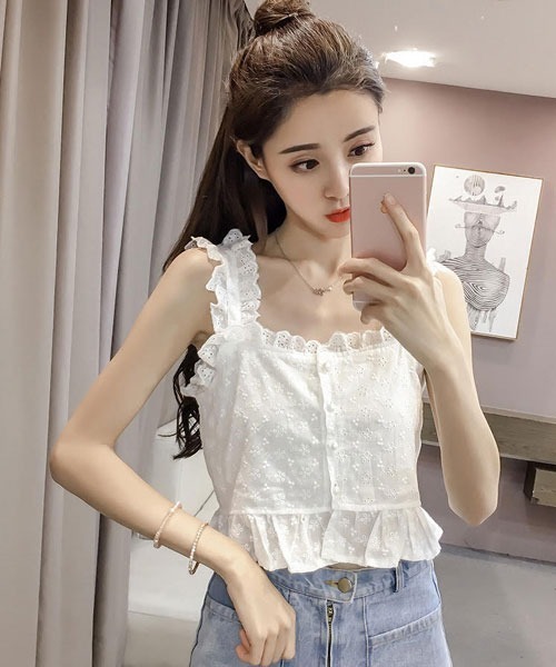 Mayree（メイリー）の「【Mayree】コットンフリルキャミ（Tシャツ/カットソー・レディース・パープル/ホワイト・SMALL/MEDIUM/LARGE/X-LARGE）」の3枚目の写真