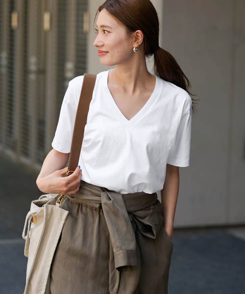 〈FRAMeWORK 〉LOEFF 別注スビン天竺VネックTシャツ/ネイビー ≪追加≫LOEFF/ロエフ 別注スビン天竺VネックTシャツ（Tシャツ