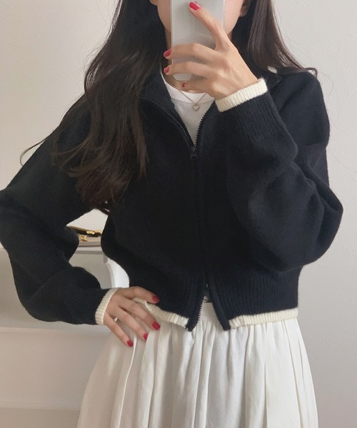 LAUIR（ラウアー）の「配色ショート丈ダブルジップニット（ニット/セーター・レディース・ブラック/グレイッシュベージュ/アイボリー・LARGE/MEDIUM）」の6枚目の写真