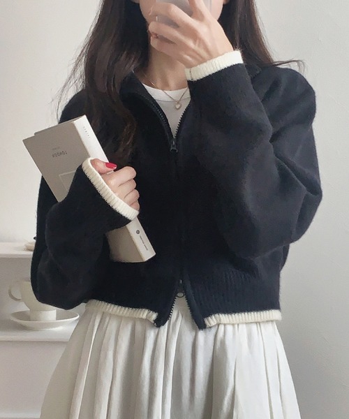 LAUIR（ラウアー）の「配色ショート丈ダブルジップニット（ニット/セーター・レディース・ブラック/グレイッシュベージュ/アイボリー・LARGE/MEDIUM）」の7枚目の写真