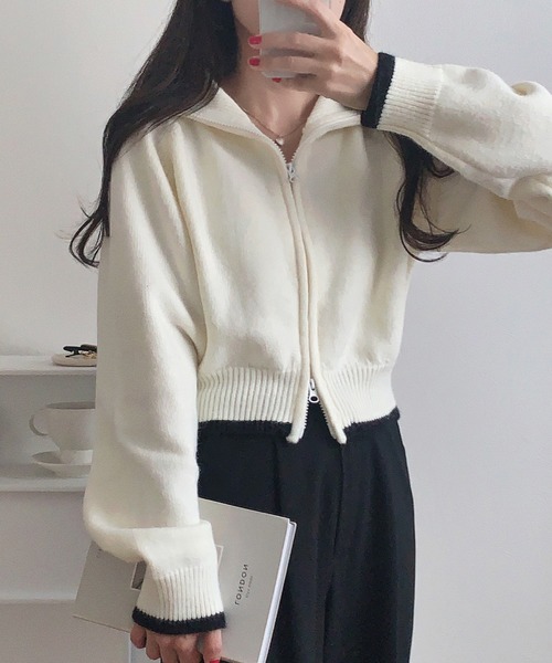 LAUIR（ラウアー）の「配色ショート丈ダブルジップニット（ニット/セーター・レディース・ブラック/グレイッシュベージュ/アイボリー・LARGE/MEDIUM）」の11枚目の写真