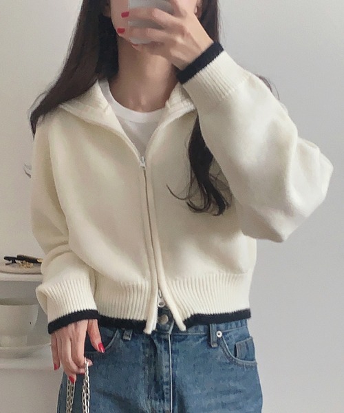 LAUIR（ラウアー）の「配色ショート丈ダブルジップニット（ニット/セーター・レディース・ブラック/グレイッシュベージュ/アイボリー・LARGE/MEDIUM）」の12枚目の写真