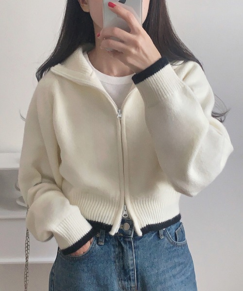 LAUIR（ラウアー）の「配色ショート丈ダブルジップニット（ニット/セーター・レディース・ブラック/グレイッシュベージュ/アイボリー・LARGE/MEDIUM）」の13枚目の写真