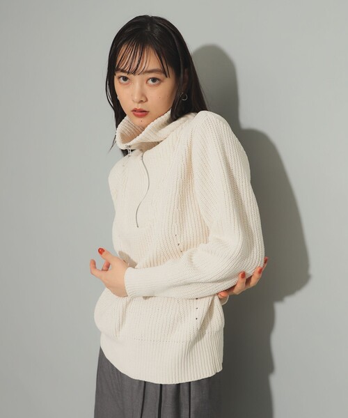 Ray BEAMS（レイビームス）の「モール アゼ ハーフジップ ニット（ニット/セーター・レディース・オフホワイト/ブラック/ミント・ONE SIZE）」の6枚目の写真