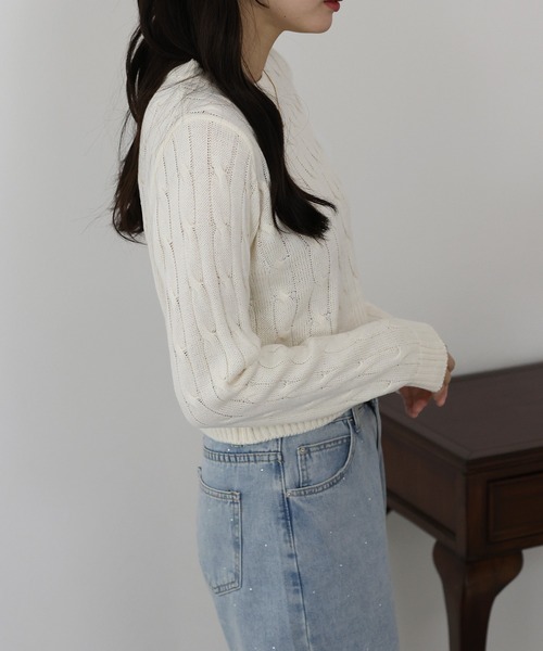 BLUEEAST（ブルーイースト）の「《新色追加》ケーブルニットトップス（ニット/セーター・レディース・ネイビー/グレー/アイボリー/ボルドー/ピンク・MEDIUM）」の9枚目の写真