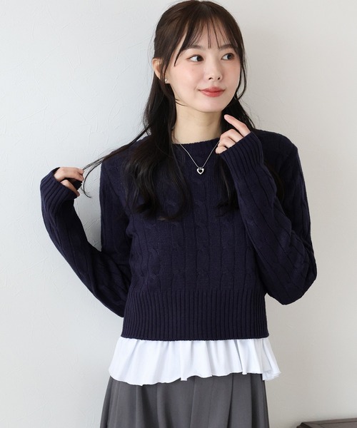 BLUEEAST（ブルーイースト）の「《新色追加》ケーブルニットトップス（ニット/セーター・レディース・ネイビー/グレー/アイボリー/ボルドー/ピンク・MEDIUM）」の22枚目の写真