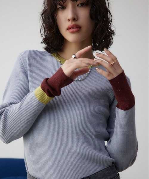 AZUL by moussy(アズールバイマウジー)の「グリッターリブ長袖ニットトップス(ニット/セーター・レディース・ブラック/グレー・SMALL/MEDIUM)」の1枚目の写真