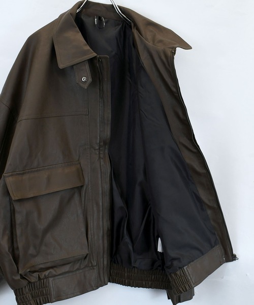 おしゃれスタ（オシャレスタ）の「Vintage-like synthetic leather A-2 jacket/ヴィンテージライク 合成皮革 A-2 ジャケット オーバーサイズ メンズ レディース（ブルゾン・メンズ・ブラウン/ブラック・M/L/XL）」の11枚目の写真