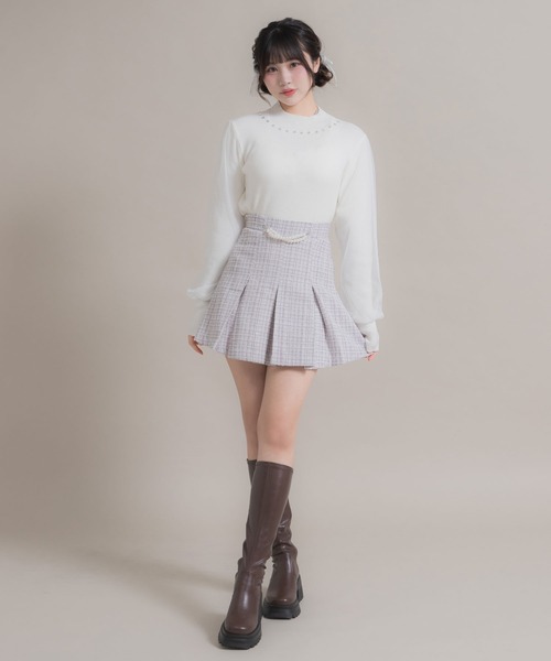 DearMyLoveRose(ディアマイラブローズ)の「パールチェーンツイードプリーツスカート(スカート・レディース・ベビーピンク/ブラック/グレー/ブルー/ホワイト・SMALL/MEDIUM/LARGE/LL/3L)」の6枚目の写真
