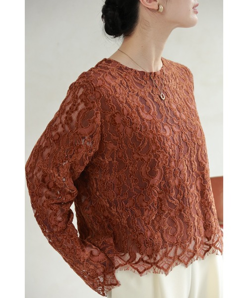 tシャツ ベロア調の花浮かぶレースカットソートップス レディース ベロア調の花浮かぶレースカットソートップス（Tシャツ