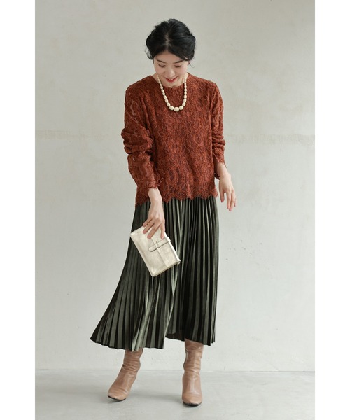 tシャツ ベロア調の花浮かぶレースカットソートップス レディース ベロア調の花浮かぶレースカットソートップス（Tシャツ