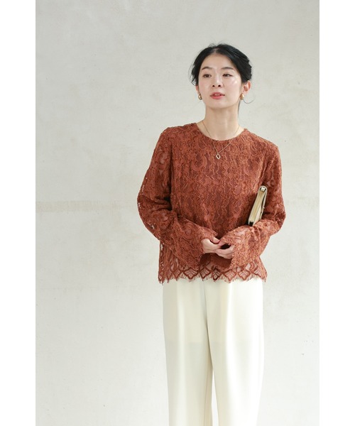 tシャツ ベロア調の花浮かぶレースカットソートップス レディース ベロア調の花浮かぶレースカットソートップス（Tシャツ