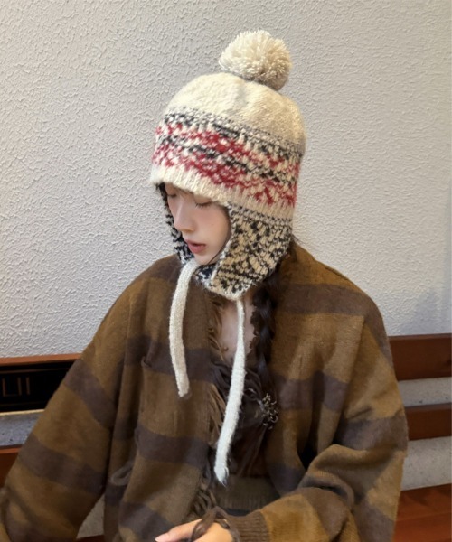 Miniministore（ミニミニストア）の「ニット帽子 レディース 配色 紐付き（ニットキャップ/ビーニー・レディース・ライトベージュ/チャコールグレー/グレー/ネイビー・FREE）」の8枚目の写真