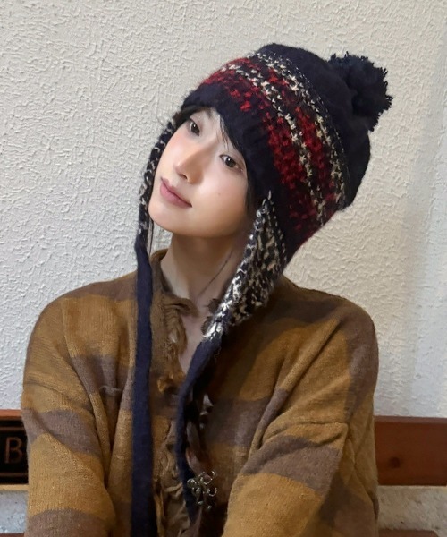 Miniministore（ミニミニストア）の「ニット帽子 レディース 配色 紐付き（ニットキャップ/ビーニー・レディース・ライトベージュ/チャコールグレー/グレー/ネイビー・FREE）」の18枚目の写真