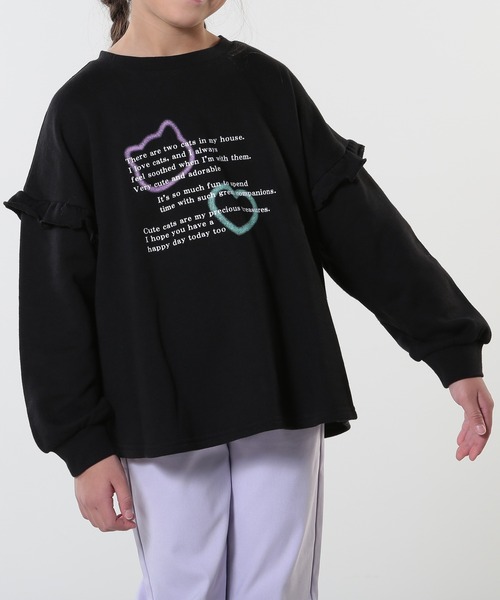 SHOO・LA・RUE(シューラルー)の「【130-150cm/洗える/姉妹リンク可】お袖フリルがアクセント アソートプリントスウェット(スウェット・キッズ・パープル/オフホワイト/ブラック/サックスブルー・13/14/15 )」の2枚目の写真