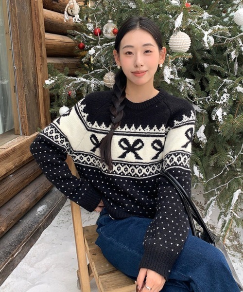 セール】Y2K リボンハートドットパターンニット（ニット/セーター