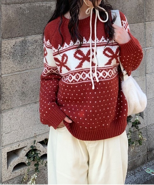 gossip!ロサンゼルス(ゴシップロサンゼルス)の「Y2K リボンハートドットパターンニット(ニット/セーター・レディース・オフホワイト/ワイン/ブラック・FREE)」の4枚目の写真