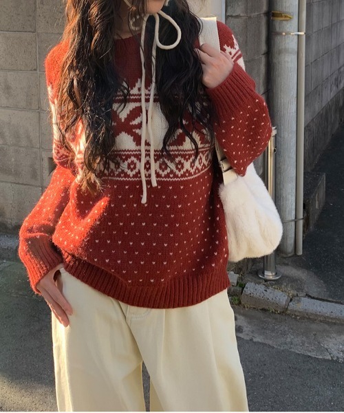 gossip!ロサンゼルス(ゴシップロサンゼルス)の「Y2K リボンハートドットパターンニット(ニット/セーター・レディース・オフホワイト/ワイン/ブラック・FREE)」の6枚目の写真