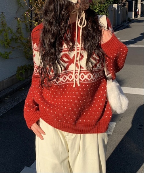 gossip!ロサンゼルス(ゴシップロサンゼルス)の「Y2K リボンハートドットパターンニット(ニット/セーター・レディース・オフホワイト/ワイン/ブラック・FREE)」の11枚目の写真