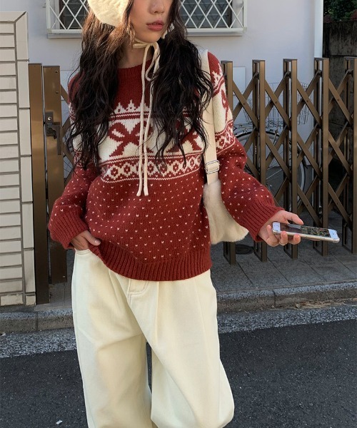 gossip!ロサンゼルス(ゴシップロサンゼルス)の「Y2K リボンハートドットパターンニット(ニット/セーター・レディース・オフホワイト/ワイン/ブラック・FREE)」の5枚目の写真