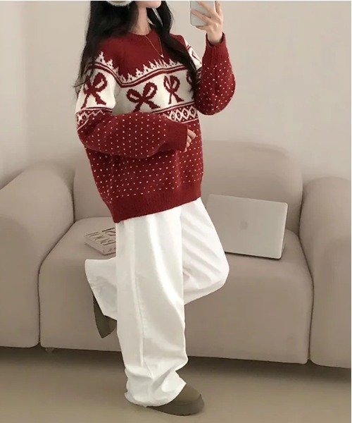 セール】Y2K リボンハートドットパターンニット（ニット/セーター