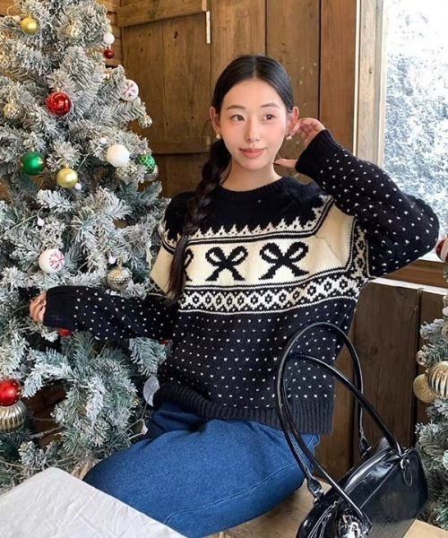 gossip!ロサンゼルス(ゴシップロサンゼルス)の「Y2K リボンハートドットパターンニット(ニット/セーター・レディース・オフホワイト/ワイン/ブラック・FREE)」の18枚目の写真